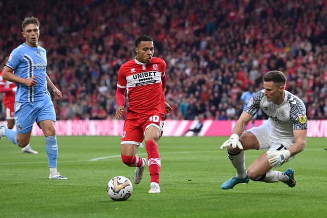 Coventry goalkeeper Ben Wilson beats Cameron Archer of Middlesbrough to the ball during the Sky Bet Championship Play-Off Semi-Final Second Leg (Picture: Stu Forster/Getty Images)