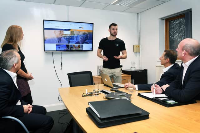 Callum Gamble presents to clients of his business, KreativeInc, in 2019. Picture: Jonathan Gawthorpe.