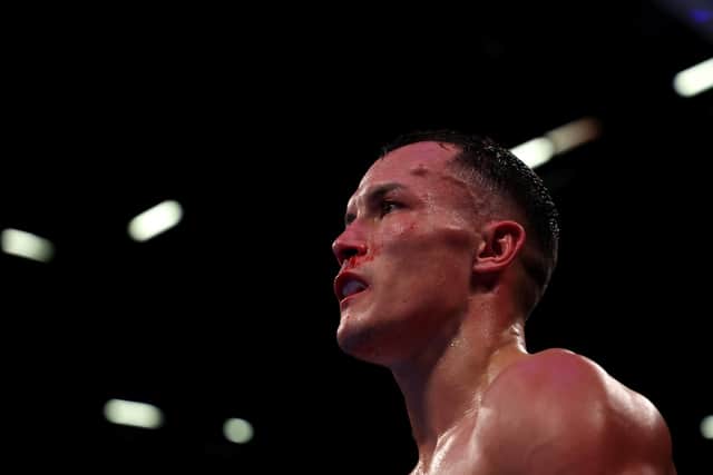 LEEDS, ENGLAND - DECEMBER 10: Josh Warrington looks on as he fights Luis Alberto Lopez  during their IBF World Featherweight Title Fight at First Direct Arena on December 10, 2022 in Leeds, England. (Photo by Nigel Roddis/Getty Images)