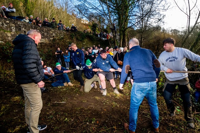 Return of the Boxing Day Knaresborough annual tug-of-war competition with both mens and ladies teams from the Half Moon Free House and Mother Shipton Inn competing in a tug-of-war contest across the River Nidd.