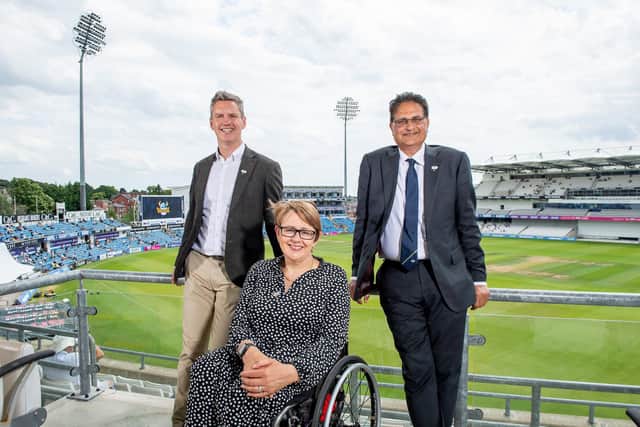 Welcome aboard: Harry Chathli, right, the new Yorkshire CCC chairman-elect, pictured at Headingley on day one of the County Championship match against Gloucestershire along with Stephen Vaughan, the club's chief executive, and Baroness Tanni Grey-Thompson, the interim chair. Picture by Allan McKenzie/SWpix.com