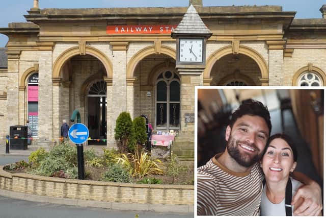 The grade two listed station buildings where Koze is situated and (inset) Josh Newell-Brown and his partner Nichola Watson.