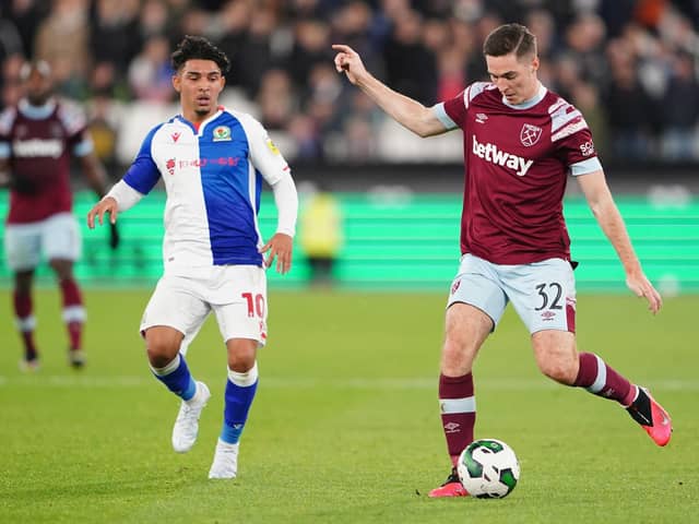 West Ham's Conor Coventry (right) and Blackburn Rovers' Tyrhys Dolan in action during the Carabao Cup third round match at London Stadium, London. Picture date: Wednesday November 9, 2022. Picture: PA