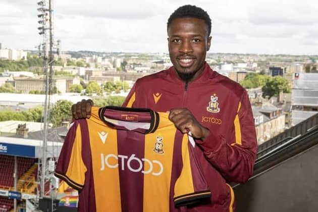 Bradford City defender Timi Odusina, pictured when he joined the club in the summer of 2022. He has joined Woking on loan. Picture courtesy of BCAFC.