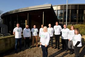 Members of Kingsley Ward Action Group wearing campaign T-shirts outside Harrogate Civic Centre in a protest against the new Persimmon housing development. (Picture Gerard Binks)