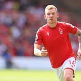 NOTTINGHAM, ENGLAND - AUGUST 14: Lewis O'Brien of Notts Forest looks on during the Premier League match between Nottingham Forest and West Ham United at City Ground on August 14, 2022 in Nottingham, England. (Photo by Michael Regan/Getty Images)