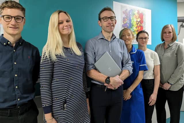 Dr Philippa Kelsey, second from the right (white t-shirt and glasses) with the CAR T-cell cancer therapy team at Sheffield Teaching Hospitals earlier in the year after becoming a designated NHS England CAR-T centre.
