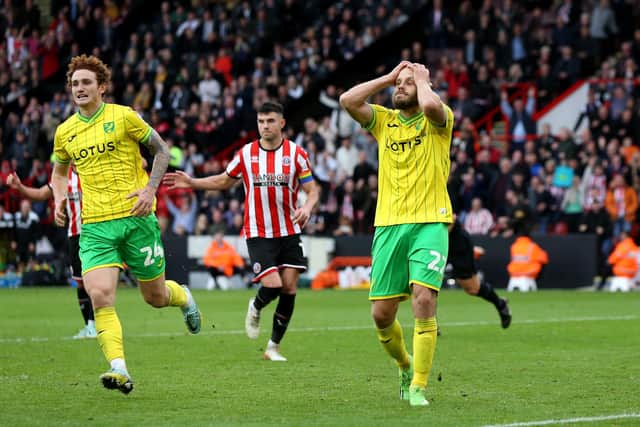 Norwich City's Teemu Pukki reacts after a late penalty is saved during the Sky Bet Championship match at Bramall Lane, Sheffield. Picture: Barrington Coombs/PA Wire.