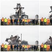 Composite image of the Redcar Blast Furnace, Casting Houses, the Dust Catcher and Charge Conveyors, at the former steelworks site which have dominated the Teesside skyline for over four decades, are brought down by controlled explosion.