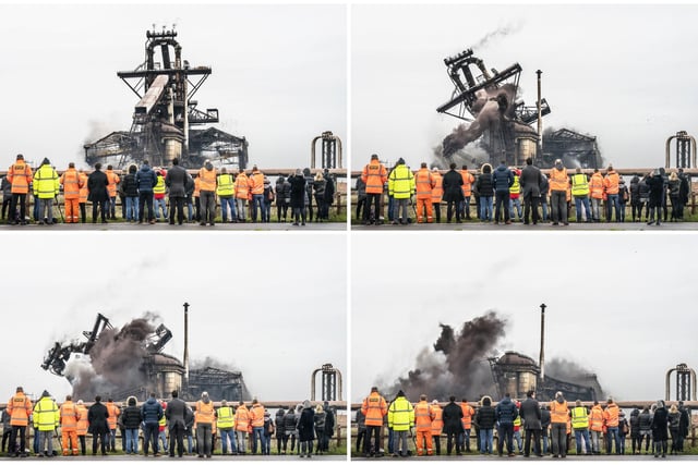 Composite image of the Redcar Blast Furnace, Casting Houses, the Dust Catcher and Charge Conveyors, at the former steelworks site which have dominated the Teesside skyline for over four decades, are brought down by controlled explosion.