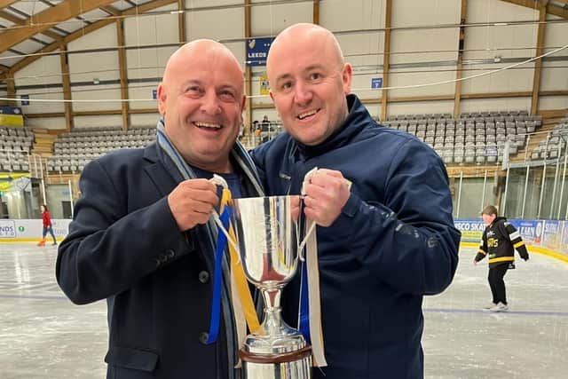 DREAM TEAM: Leeds Knights' owner Steve Nell, left, and head coach, Ryan Aldridge with the 2023 NIHL National league trophy.