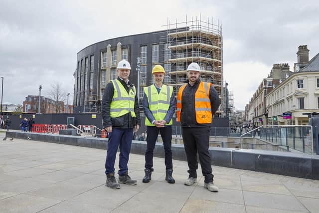Jonathan Stubbs, development director at Wykeland Group, left; Coun Paul Drake-Davis, porfolio holder for regeneration at Hull City Council; and Joe Booth, business development director at Hobson & Porter, outside the former Burton building in Hull city centre. Picture: R&R Studios