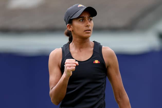 Naiktha Bains of Great Britain celebrates a point during her match against Viktorija Golubic of Switzerland on day two of the Lexus Surbiton Trophy (Picture: Tom Dulat/Getty Images for LTA)