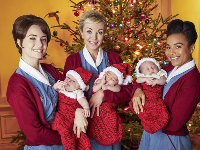 Jennifer Kirby as Valerie, Helen George as Trixie and Leonie Elliott as Lucille in Call the Midwife.