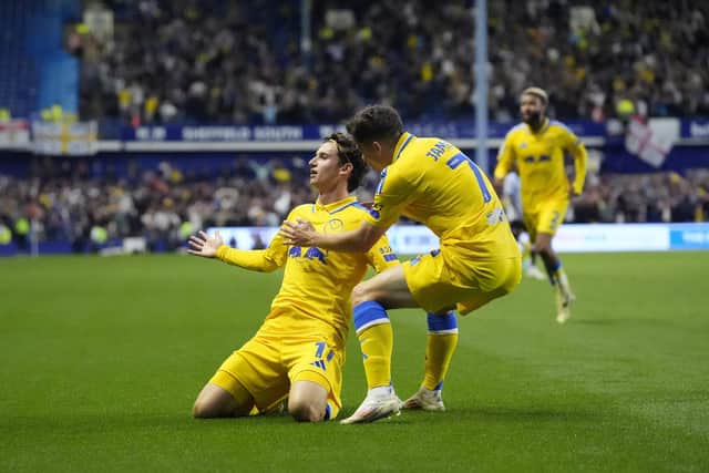 Leeds United's Brenden Aaronson celebrates putting the visitors in front at Sheffield Wednesday.