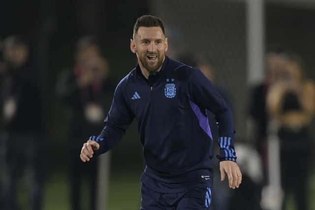 Argentina's forward Lionel Messi reacts during a training session at Qatar University in Doha on December 12, 2022, on the eve of the Qatar 2022 World Cup semi final football match between Argentina and Croatia. (Photo by JUAN MABROMATA/AFP via Getty Images)