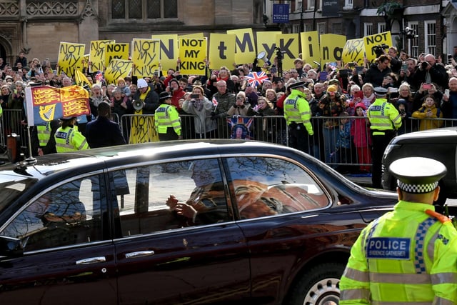Protestors greet King Charles and  Queen Camilla Consort at the Maundy Service, at York Minster. Picture taken by Yorkshire Post Photographer Simon Hulme 6th April 2023










