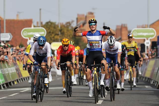 Olav Kooij of Team Jumbo Visma (Wearing the Leaders Jersey) Wins his fourth consecutive stage of the 2023 Tour of Britain at Stage 4 in Newark-on-Trent, ahead of Ethan Vernon, right. (Picture: Alex Whitehead/SWPix.com)