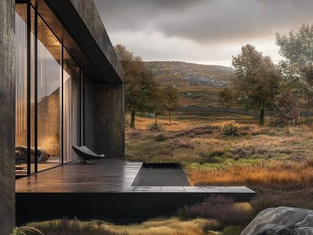 Artist impression of the proposed Dwellinghouse, in Ilkley, near Bradford. The purpose of the design was to create a landscape in which the new building would sit naturally.
