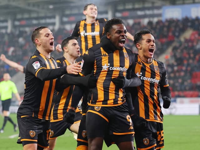 FITNESS WORK: Noah Ohio celebrates his maiden Hull City goal, scored at Rotherham United