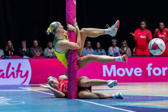 Ouch: England's Sasha Glasgow collides with Australia Origin Diamonds' Courtney Bruce in the Nations Cup final at First Direct Arena in Leeds (Picture: Tony Johnson)