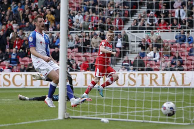 Middlesbrough's Duncan Watmore scores his side's first goal during the Sky Bet Championship match at the Riverside Stadium, Middlesbrough. Picture: Will Matthews/PA Wire.