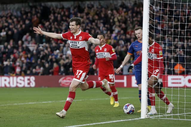 Middlesbrough’s Paddy McNair celebrates after scoring their sides third goal during the Sky Bet Championship match at the Riverside Stadium, Middlesbrough. Picture date: Saturday February 4, 2023.