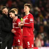 Middlesbrough manager Michael Carrick (left) celebrates with midfielder Dan Barlaser after the final whistle in the Carabao Cup semi final first leg match at the Riverside Stadium. Picture: Martin Rickett/PA Wire.