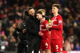 Middlesbrough manager Michael Carrick (left) celebrates with midfielder Dan Barlaser after the final whistle in the Carabao Cup semi final first leg match at the Riverside Stadium. Picture: Martin Rickett/PA Wire.