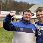 Lock Lane head coach Brad Roberts, left, and winger Harry Render celebrate their side’s Challenge Cup win over Brighouse. (Photo: Mark Staniforth/PA)