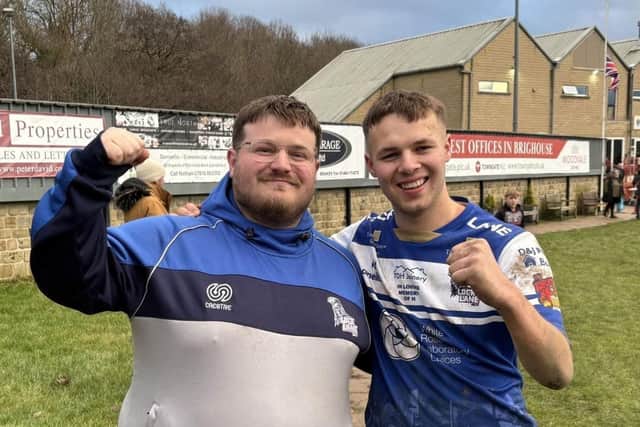 Lock Lane head coach Brad Roberts, left, and winger Harry Render celebrate their side’s Challenge Cup win over Brighouse. (Photo: Mark Staniforth/PA)