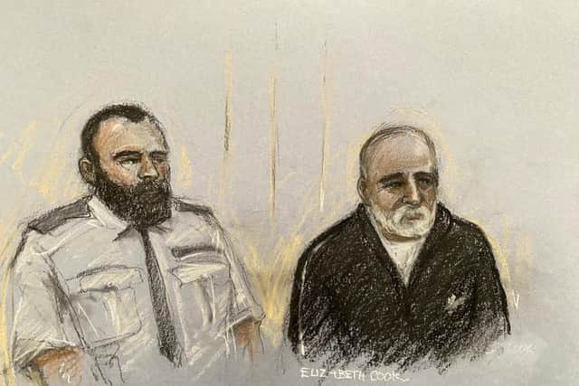 Court artist drawing by Elizabeth Cook of Piran Ditta Khan appearing in the dock at Westminster Magistrates' Court, London, charged with the murder of Police Constable Sharon Beshenivsky in Bradford 18 years ago. 
Picture date: Thursday April 13, 2023 (Previous hearing)