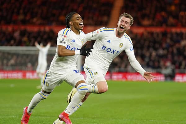 Leeds United's Crysencio Summerville (left) celebrates scoring their side's fourth goal of the game during the Sky Bet Championship match at Middlesbrough. Picture: Owen Humphreys/PA Wire.