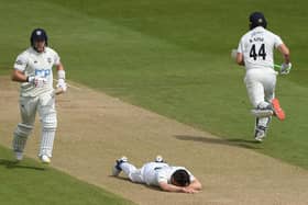 DOWN AND OUT: Yorkshire bowler Jordan Thompson shows his frustration as Durham batsmen Matthew Potts (left) and Ben Raine pick up some runs on their way to a nail-biting one-wicket County Championship victory at the Seat Unique Riverside Picture: Stu Forster/Getty Images.