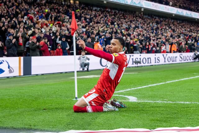 Middlesbrough's Cameron Archer celebrates scoring the second goal against Hull City. Picture: Tony Johnson.