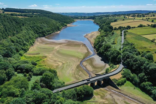 An aerial view of the drying out bed and receded water levels at Lindley Wood Reservoir in Otley, this summer. PIC: Christopher Furlong/Getty Images