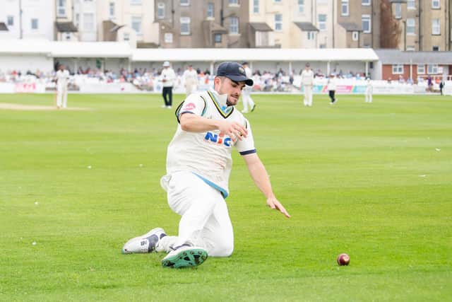 Full commitment. Yorkshire's Jordan Thompson dives to prevent a boundary. Picture by Allan McKenzie/SWpix.com