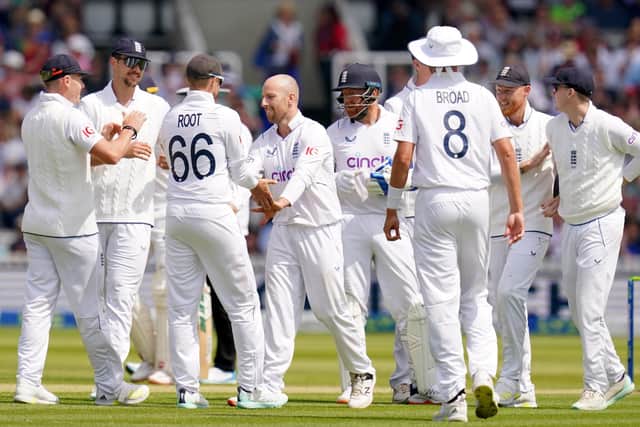 OUT OF TIME: England’s Jack Leach celebrates with team-mates after taking the wicket of Ireland’s Lorcan Tucker on day three of their Test match at Lord's Picture: John Walton/PA