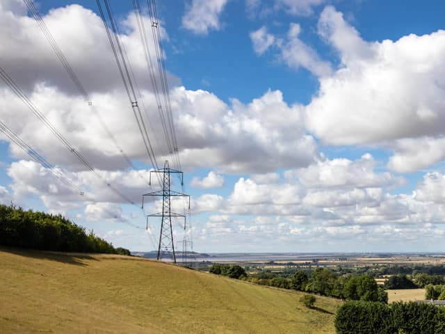 An existing overhead power line operated by National Grid near Creyke Beck, East Yorkshire.