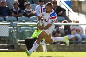 FIGHTING CHANCE: England's Mikey Lewis scores a try against France, his 20-minute cameo something he would like to repeat - or build on - when Brian McDermott's team take on Papua New Guinea tomorrow. Picture: Anita Reca/SWpix.com