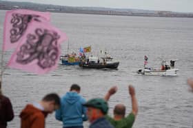 Fishing crews staged a protest in Teesport, Middlesbrough, near the mouth of the River Tees, demanding  a new investigation into the mass deaths of crabs and lobsters in the area on May 19, 2022. Picture: Owen Humphreys/PA Wire
