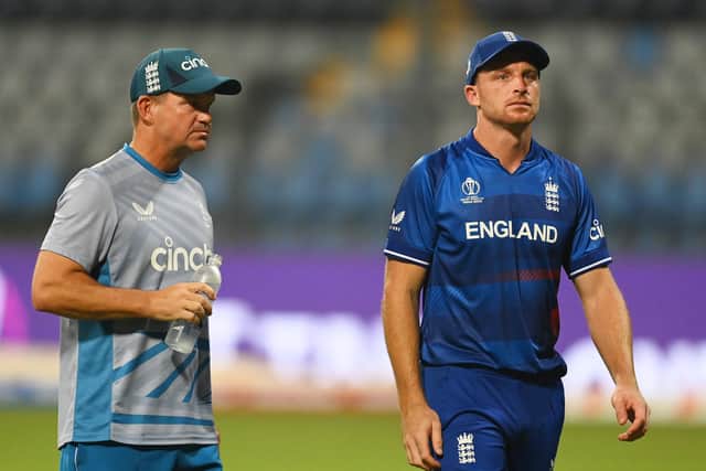 Plenty to ponder: England white-ball coach Matthew Mott, left, and captain Jos Buttler. Photo by Gareth Copley/Getty Images.