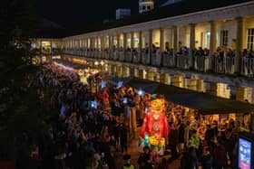 Thousands of visitors flock to see the Illuminated puppets in the Halifax Christmas Parade finish in the Piece Hall photographed for The Yorkshire Post by Tony Johnson. 18th November 2023