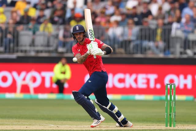 BACK IN THE GAME: Alex Hales made a spectacular impact for England, scoring 84 as they beat Australia by 11 runs in Perth on Sunday in the first of three warm-up games ahead of the T20 World Cup. Picture: James Worsfold/Getty Images