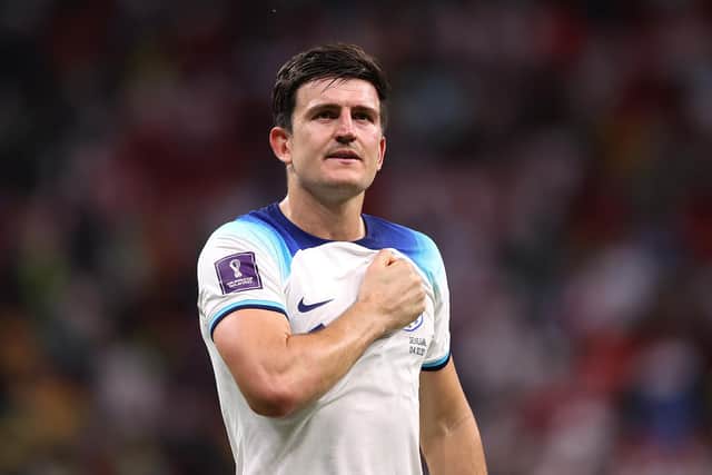 AL KHOR, QATAR - DECEMBER 04:  Harry Maguire of England thanks the support after the FIFA World Cup Qatar 2022 Round of 16 match between England and Senegal at Al Bayt Stadium on December 04, 2022 in Al Khor, Qatar. (Photo by Julian Finney/Getty Images)