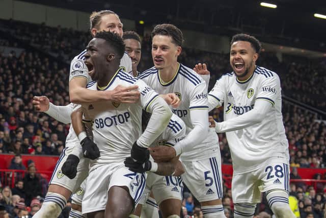 STIRRING PERFORMANCE: Willy Gnonto celebrates as Leeds United take a 2-0 lead at Manchester United
