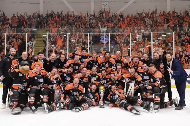 THAT WINNING FEELING: Marc-Olivier Vallerand (front row, right) celebrates Sheffield Steelers' Challenge Cup success in the Covid-shortened 2019-20 Elite League season. Picture courtesy of Dean Woolley/Steelers Media/EIHL.