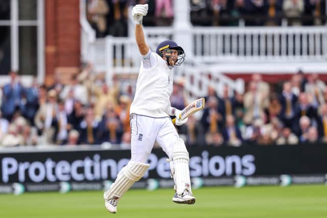 RECORD-BREAKER: England's Joe Root celebrates his 34th Test match century for England on day three of the second Test match at Lord's. Picture: Ben Whitley/PA