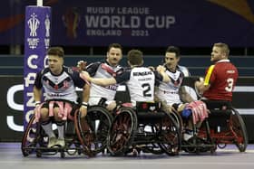 England celebrate during the Wheelchair Rugby League World Cup semi-final match at the EIS Sheffield. (Photo: Richard Sellers/PA Wire)