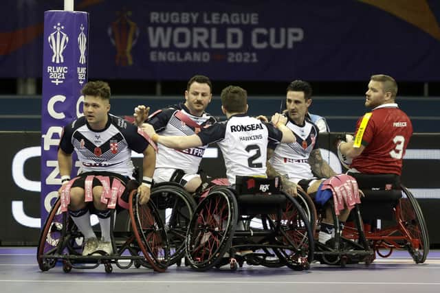 England celebrate during the Wheelchair Rugby League World Cup semi-final match at the EIS Sheffield. (Photo: Richard Sellers/PA Wire)